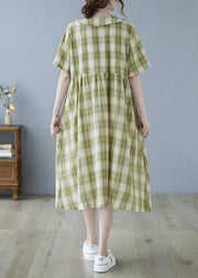 Boho Green Plaid Peter Pan Collar Button Summer Party Dress Half Sleeve - SooLinen