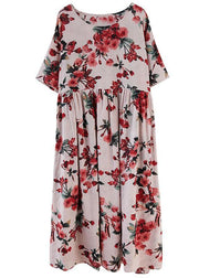 Boho Pink  Floral  O-Neck Patchwork Summer Half Sleeve Dresses - SooLinen