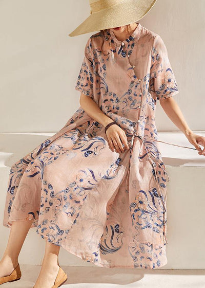 Boho Pink Print  Tie Waist Patchwork Summer Ramie Long Dress Short Sleeve - SooLinen