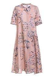 Boho Pink Print  Tie Waist Patchwork Summer Ramie Long Dress Short Sleeve - SooLinen