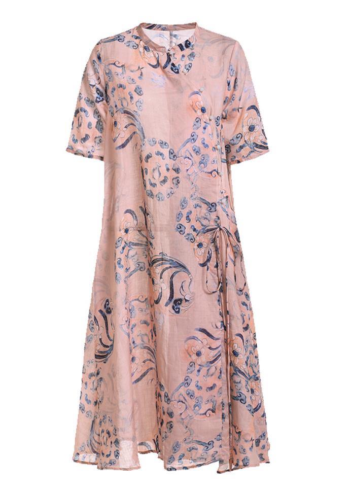Boho Pink Print  Tie Waist Patchwork Summer Ramie Long Dress Short Sleeve - SooLinen