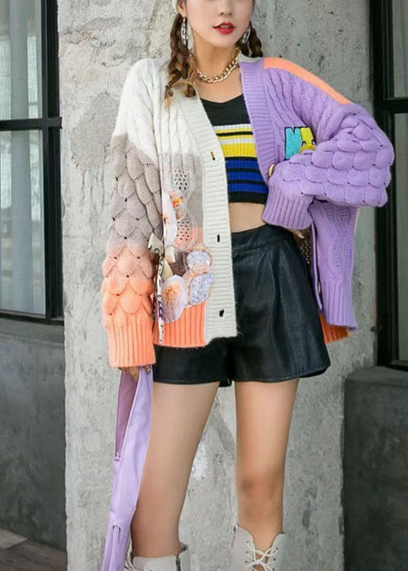 Boho lila lockerer lässiger Patchwork Herbst Mantel Pullover