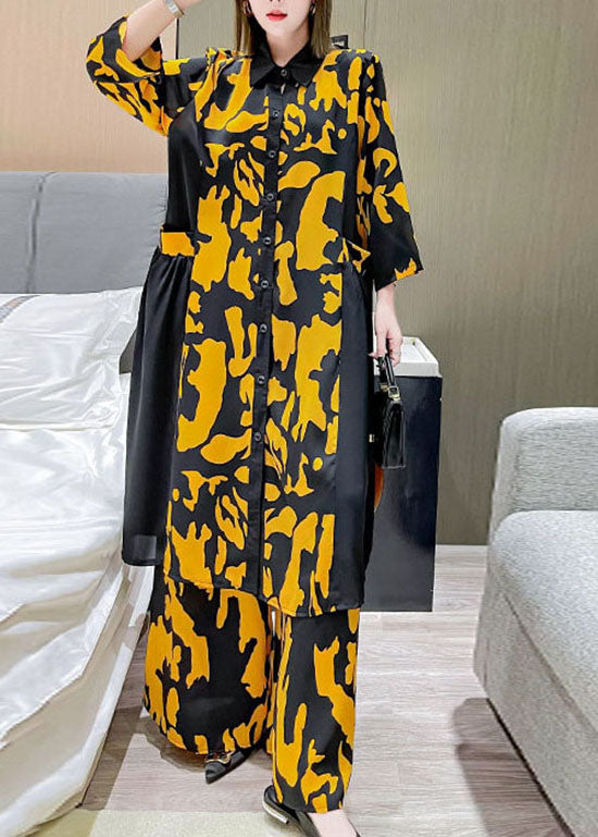 Boho Gelber Bubikragen Patchwork Seidenhemd Hose mit weitem Bein Zweiteiliges Set Frühling