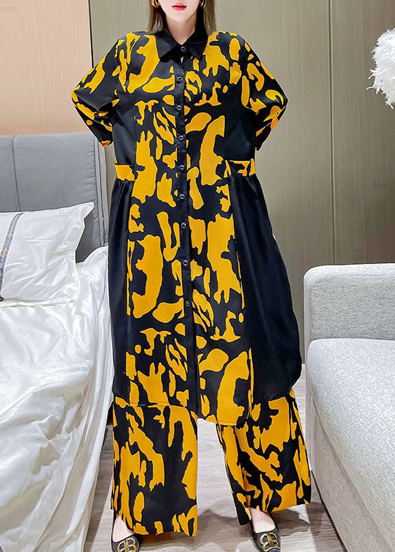 Boho Gelber Bubikragen Patchwork Seidenhemd Hose mit weitem Bein Zweiteiliges Set Frühling