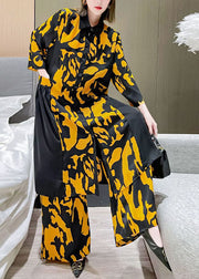 Boho Gelber Bubikragen Patchwork Seidenhemd Hose mit weitem Bein Zweiteiliges Set Frühling