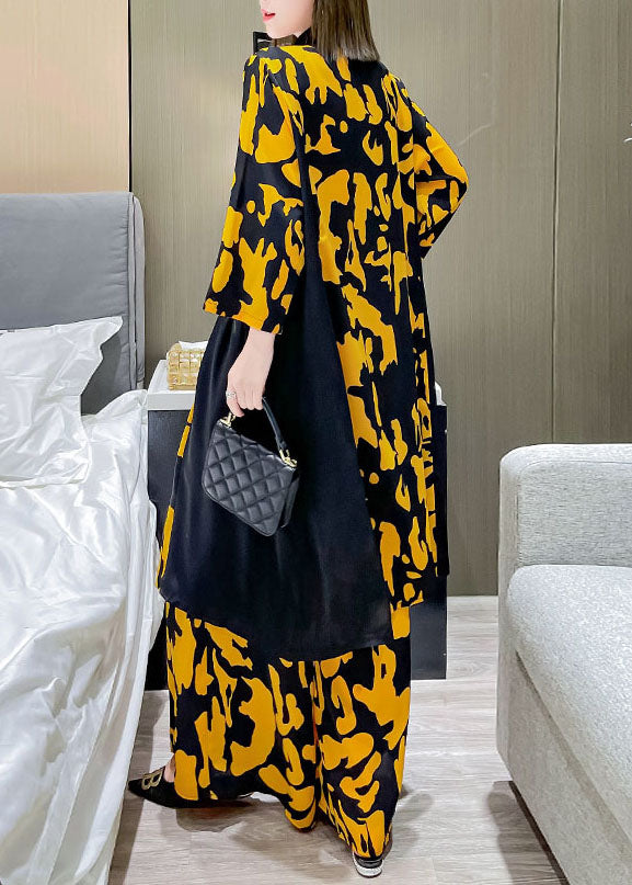 Boho Gelber Bubikragen Patchwork Seidenhemd Hose mit weitem Bein Zweiteiliges Set Frühling
