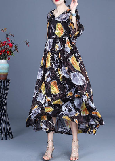 Boho Yellow Print hooded Cinched Mid Dress Summer Silk - SooLinen