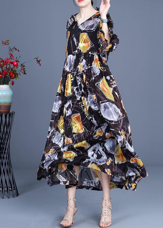 Boho Yellow Print hooded Cinched Mid Dress Summer Silk - SooLinen