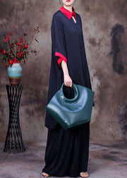 Boutique Black Colorblock Peter Pan Collar Print Chiffon Long Shirt Ang Wide Leg Pant Two Pieces Set Summer