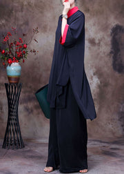 Boutique Black Colorblock Peter Pan Collar Print Chiffon Long Shirt Ang Wide Leg Pant Two Pieces Set Summer