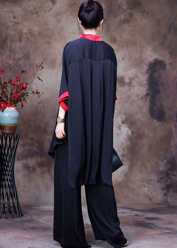 Boutique Black Colorblock Peter Pan Collar Print Chiffon Long Shirt Ang Wide Leg Pant Two Pieces Set Summer
