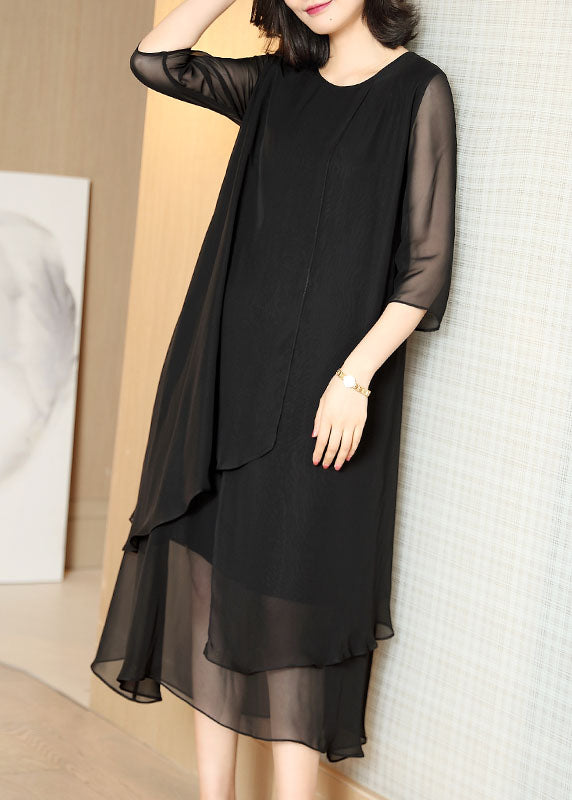 Boutique Black Hollow Out Asymmetrical Design Chiffon Dresses Half Sleeve