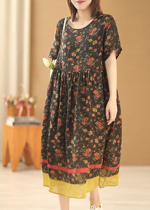 Boutique Black O-Neck Print Wrinkled Patchwork Linen Vacation Long Dress Short Sleeve