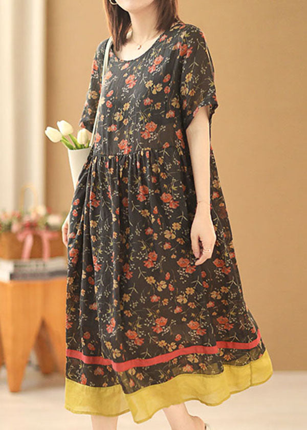 Boutique Black O-Neck Print Wrinkled Patchwork Linen Vacation Long Dress Short Sleeve