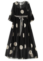 Boutique Black O-Neck Tie Waist Dot Print Chiffon Long Dresses Flare Sleeve