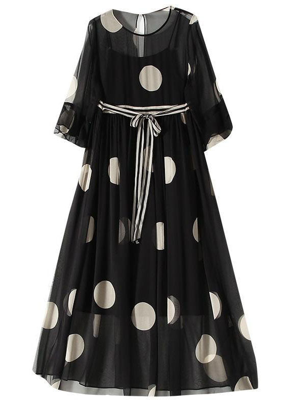 Boutique Black O-Neck Tie Waist Dot Print Chiffon Long Dresses Flare Sleeve