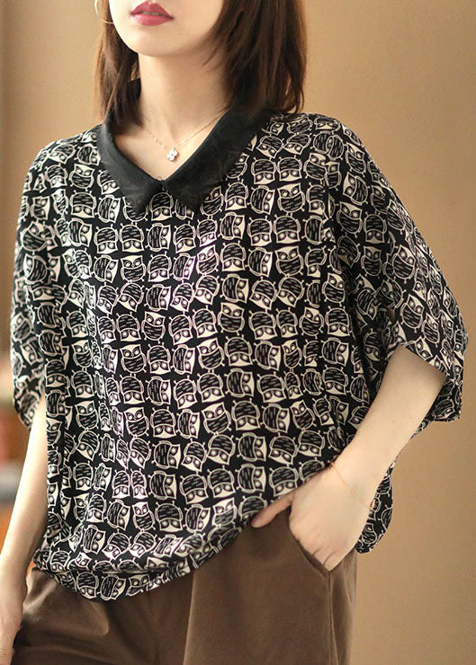 Boutique Schwarzes Organza-Patchwork-Eulendruck-Chiffon-Top mit kurzen Ärmeln und Peter-Pan-Kragen