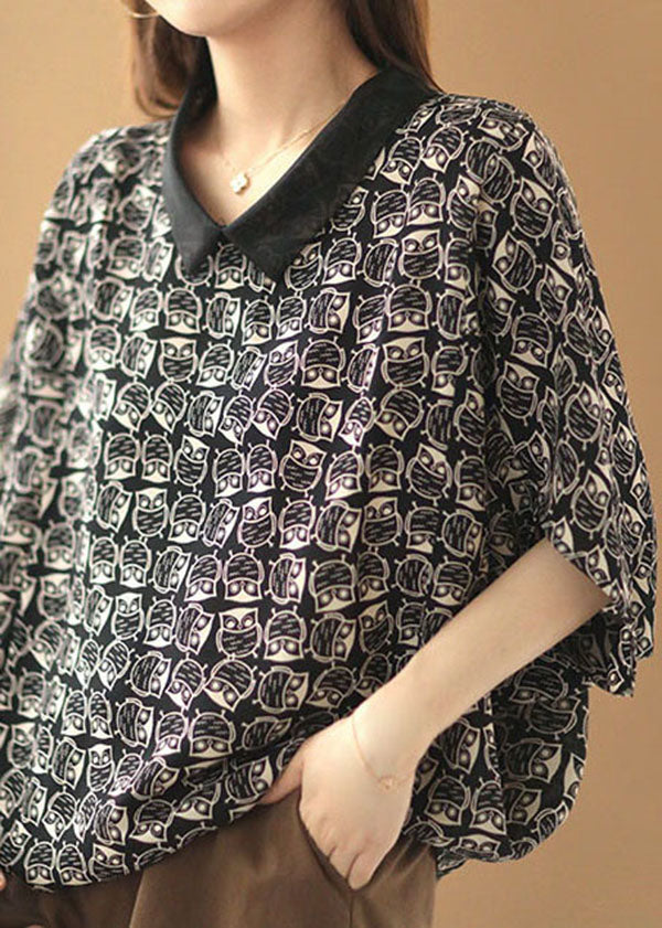 Boutique Schwarzes Organza-Patchwork-Eulendruck-Chiffon-Top mit kurzen Ärmeln und Peter-Pan-Kragen