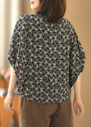 Boutique Schwarzes Organza-Patchwork-Eulendruck-Chiffon-Top mit kurzen Ärmeln und Peter-Pan-Kragen