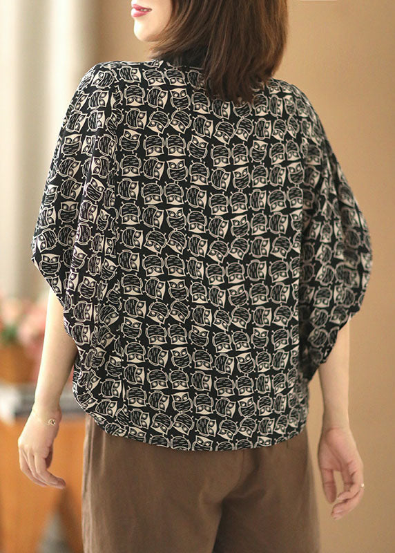 Boutique Schwarzes Organza-Patchwork-Eulendruck-Chiffon-Top mit kurzen Ärmeln und Peter-Pan-Kragen
