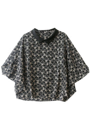 Boutique Schwarzes Organza-Patchwork-Eulendruck-Chiffon-Top mit kurzen Ärmeln und Peter-Pan-Kragen