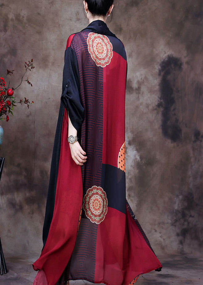 Boutique Schwarz Rot Patchwork Bow Collar Print Lange Seidenstrickjacken mit langen Ärmeln