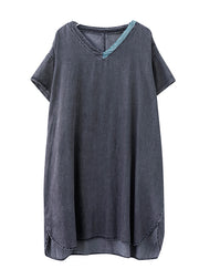 Boutique Black V Neck Patchwork low high design Denim Dresses Short Sleeve