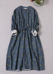 Boutique Blue Cinched Print Cotton Urlaubskleider Frühling