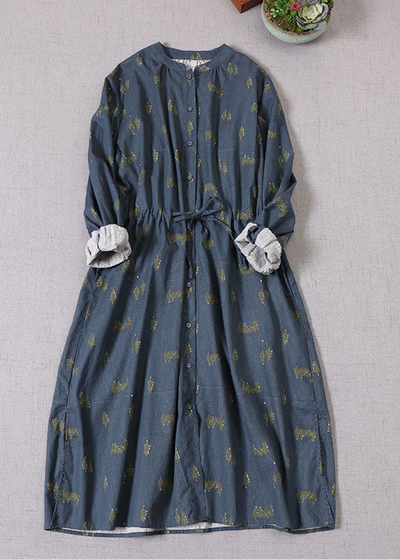Boutique Blue Cinched Print Cotton Urlaubskleider Frühling