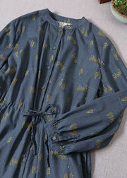 Boutique Blue Cinched Print Cotton Urlaubskleider Frühling