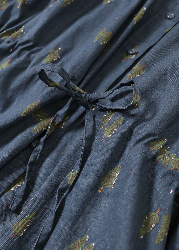 Boutique Blue Cinched Print Cotton Urlaubskleider Frühling