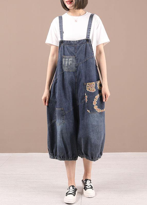 Boutique Blue Patchwork Print Pockets Romper - SooLinen