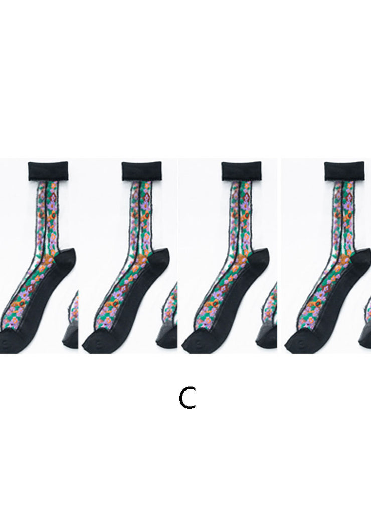 Boutique Floral Jacquard Sheer Mesh socks Mid Calf Socks