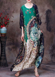 Boutique Green O-Neck Original Design Print Drapierendes Seiden-Maxikleid mit halben Ärmeln