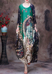 Boutique Green O-Neck Original Design Print Drapierendes Seiden-Maxikleid mit halben Ärmeln