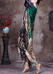 Boutique Green O-Neck Original Design Print Drapierendes Seiden-Maxikleid mit halben Ärmeln