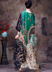 Boutique Green O-Neck Original Design Print Drapierendes Seiden-Maxikleid mit halben Ärmeln