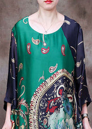 Boutique Green O-Neck Original Design Print Drapierendes Seiden-Maxikleid mit halben Ärmeln