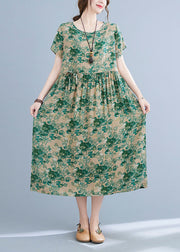 Boutique Green O-Neck Tie Waist Print Wrinkled Cotton Linen Vacation Dress Short Sleeve