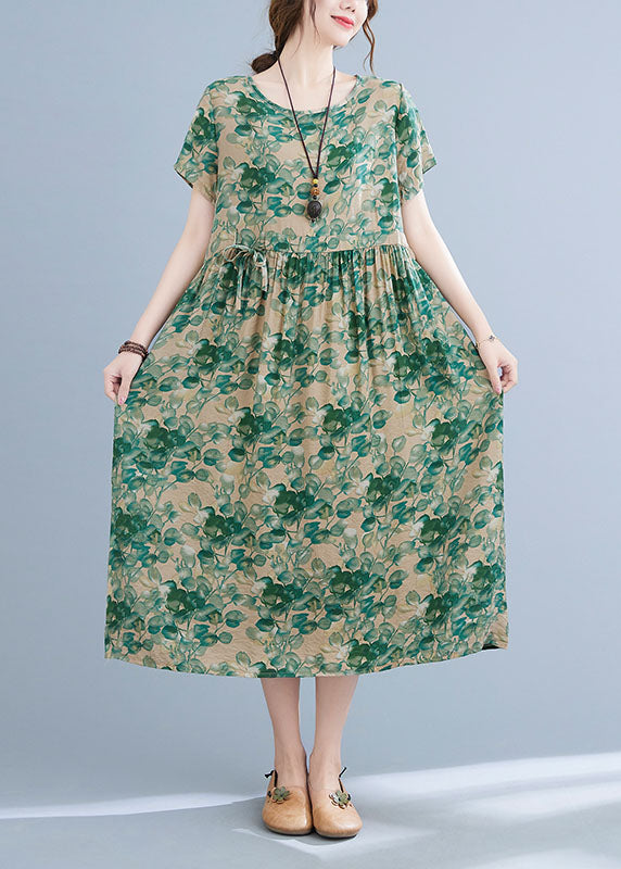 Boutique Green O-Neck Tie Waist Print Wrinkled Cotton Linen Vacation Dress Short Sleeve