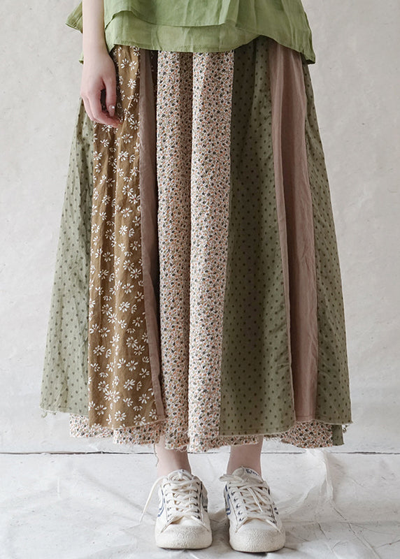 Boutique Green elastic waist print Patchwork Cotton Skirt Spring