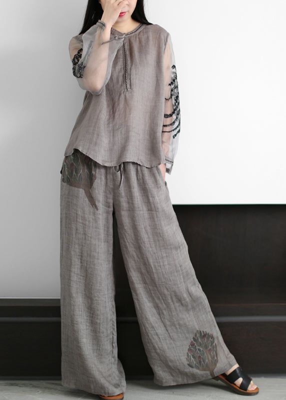 Boutique Grauer O-Ausschnitt Bestickter Tüll Patchwork Leinen Zweiteiler Damen Kleidung Sommer