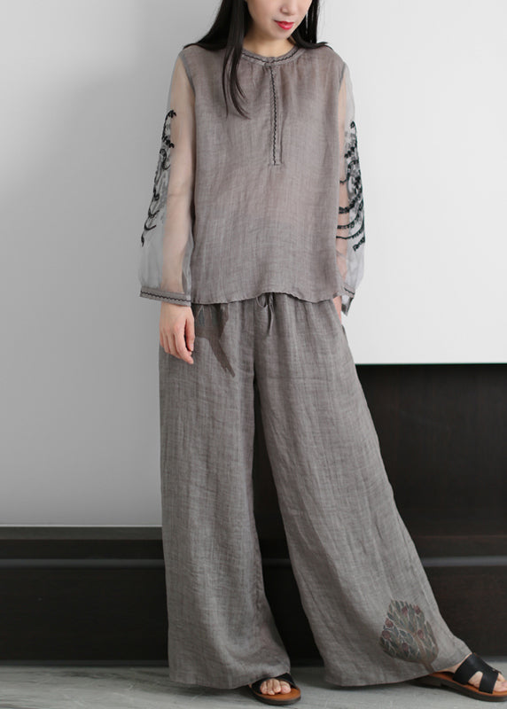 Boutique Grauer O-Ausschnitt Bestickter Tüll Patchwork Leinen Zweiteiler Damen Kleidung Sommer