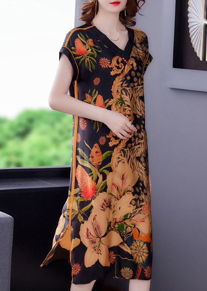Boutique Khaki Print V-Ausschnitt Seite offen Seidenkleid für Mutter Kurzarm