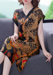 Boutique Khaki Print V-Ausschnitt Seite offen Seidenkleid für Mutter Kurzarm
