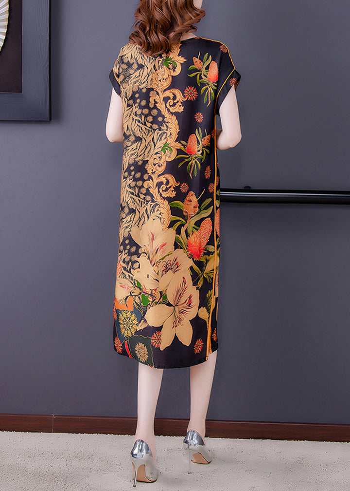 Boutique Khaki Print V-Ausschnitt Seite offen Seidenkleid für Mutter Kurzarm