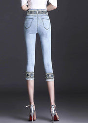 Boutique Light Blue High Waist Zip Up Lace Patchwork Slim Cotton Denim Crop Pants Summer