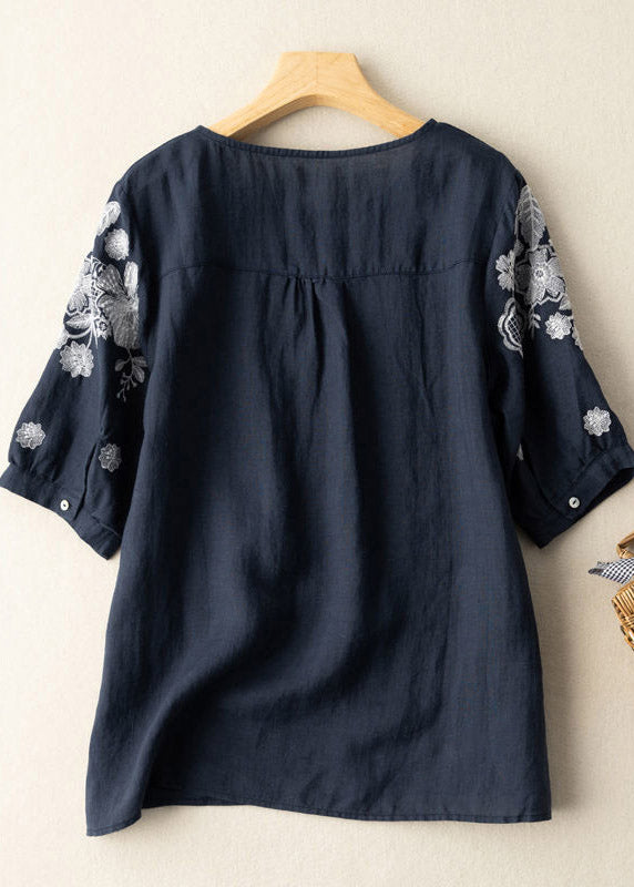 Boutique Navy O-Neck Besticktes Blumen-Baumwollhemd mit kurzen Ärmeln