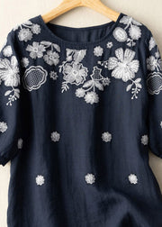 Boutique Navy O-Neck Besticktes Blumen-Baumwollhemd mit kurzen Ärmeln