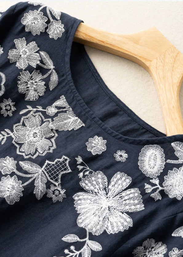 Boutique Navy O-Neck Besticktes Blumen-Baumwollhemd mit kurzen Ärmeln